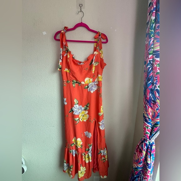Lulu’s Forever Floral Orange Floral Print Tie-Strap Slit Ruched  Maxi Dress XL - Picture 10 of 11